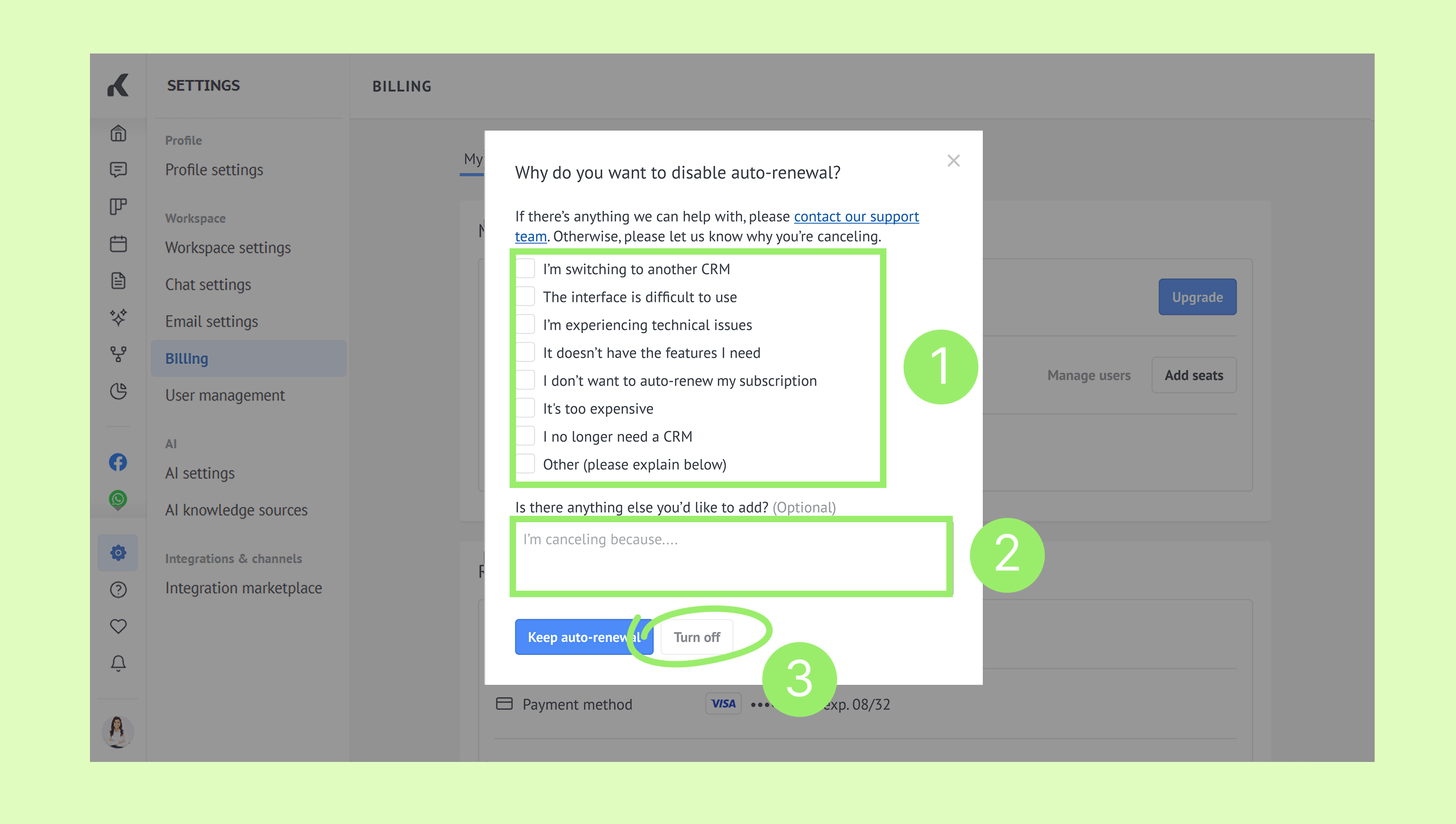User interface for disabling auto-renewal with options and a cancellation reason box.
